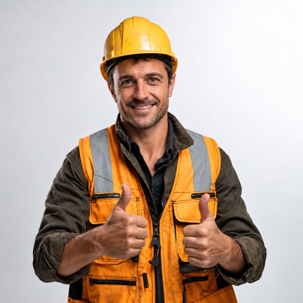 Smiling electrician in high-vis gear giving a thumbs up