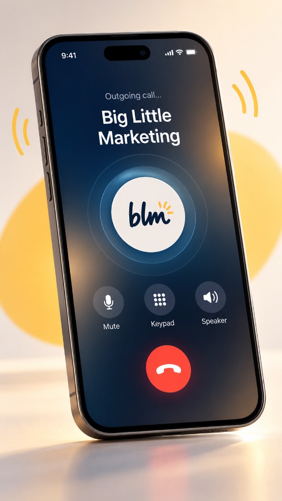 Phone showing an outgoing call to Big Little Marketing